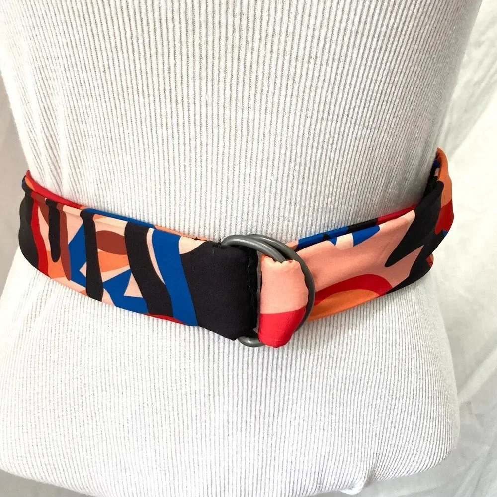 ABSTRACT FLORAL Reversible Modern D Ring Fabric Belt Womens 34 x 1.5 inches